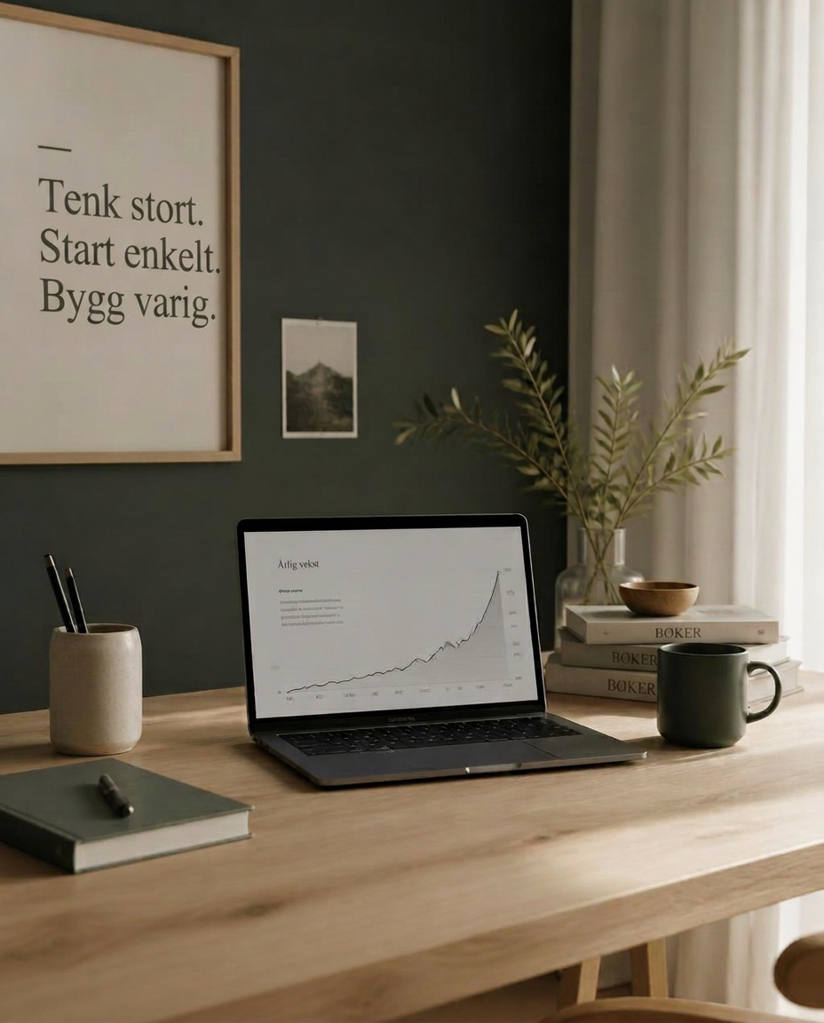 Nordisk arbeidspult med laptop som viser en vekstkurve